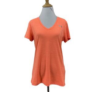 Under Armour Loose Heatgear Tee Womens S Small Orange V Neck Striped Shirt